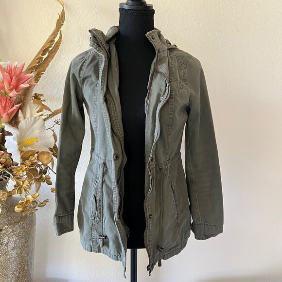 Olive Green Drawstring Utility Hooded Jacket w Button and Zip Closure Y2K Small - Picture 2 of 13